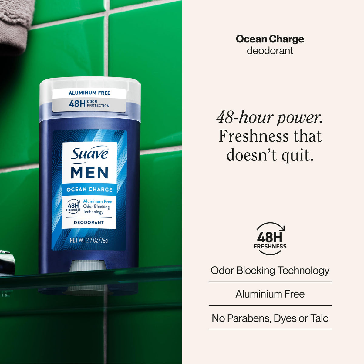 Suave Men stick open close-up showing smooth application and quick dry benefit