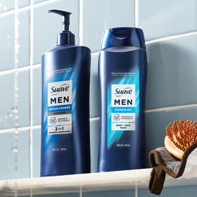 Suave men pump action dispensing wash highlighting easy application benefit