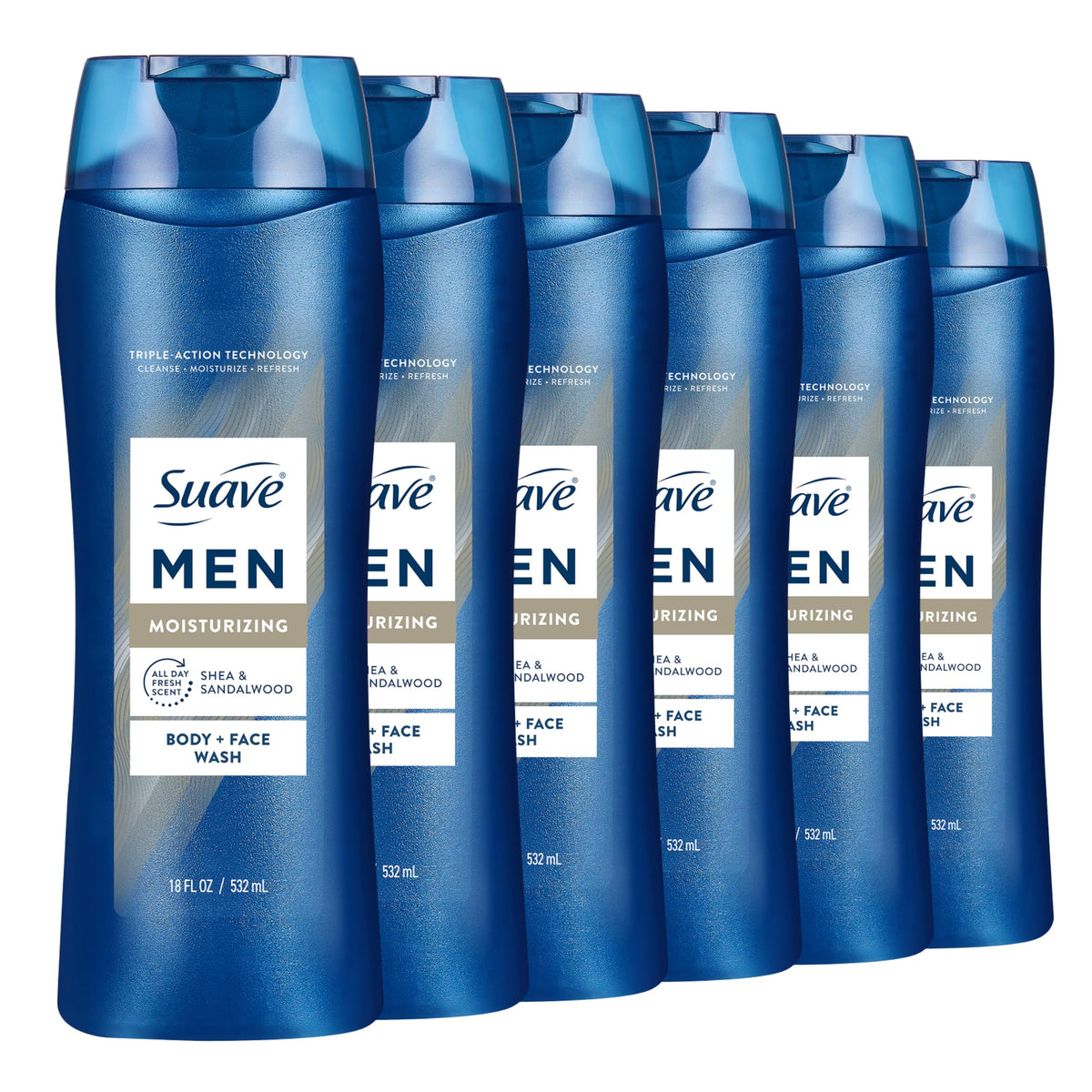 Suave bottle front packaging showing shea and sandalwood scent and benefits