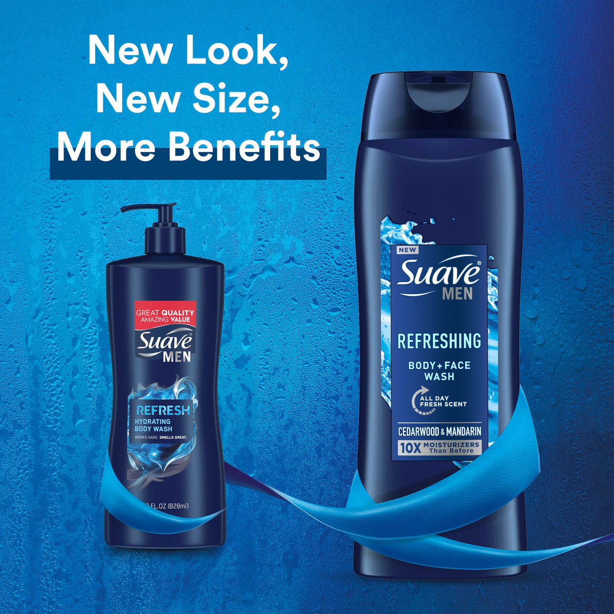 Suave Men 18 oz bottle held in hand showing true size and convenience