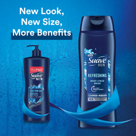 Suave Men 18 oz bottle held in hand showing true size and convenience