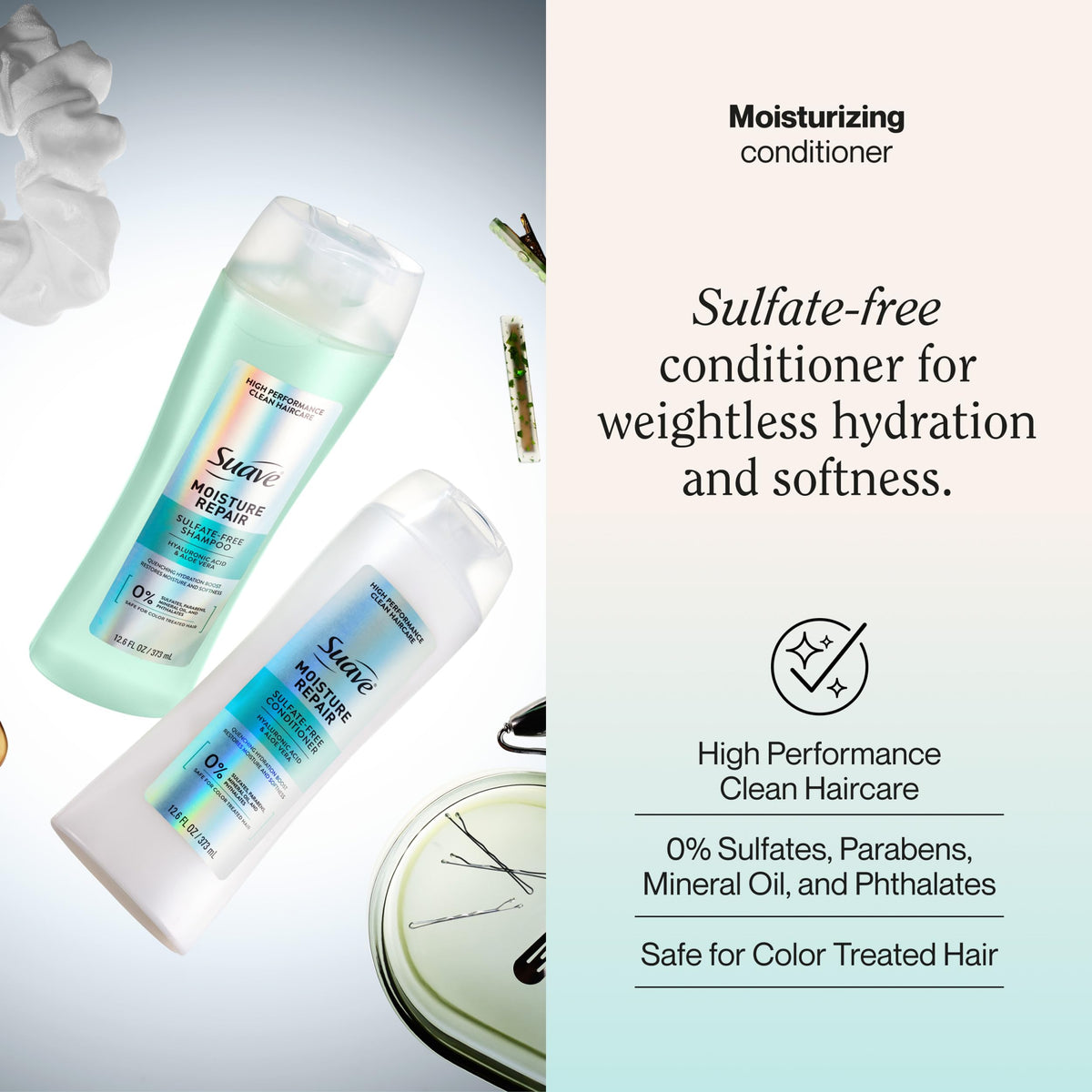 Suave back label ingredients list highlighting gentle, sulfate-free formula