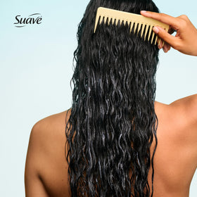 Suave conditioner applied in shower illustrating detangling and smoothing benefit