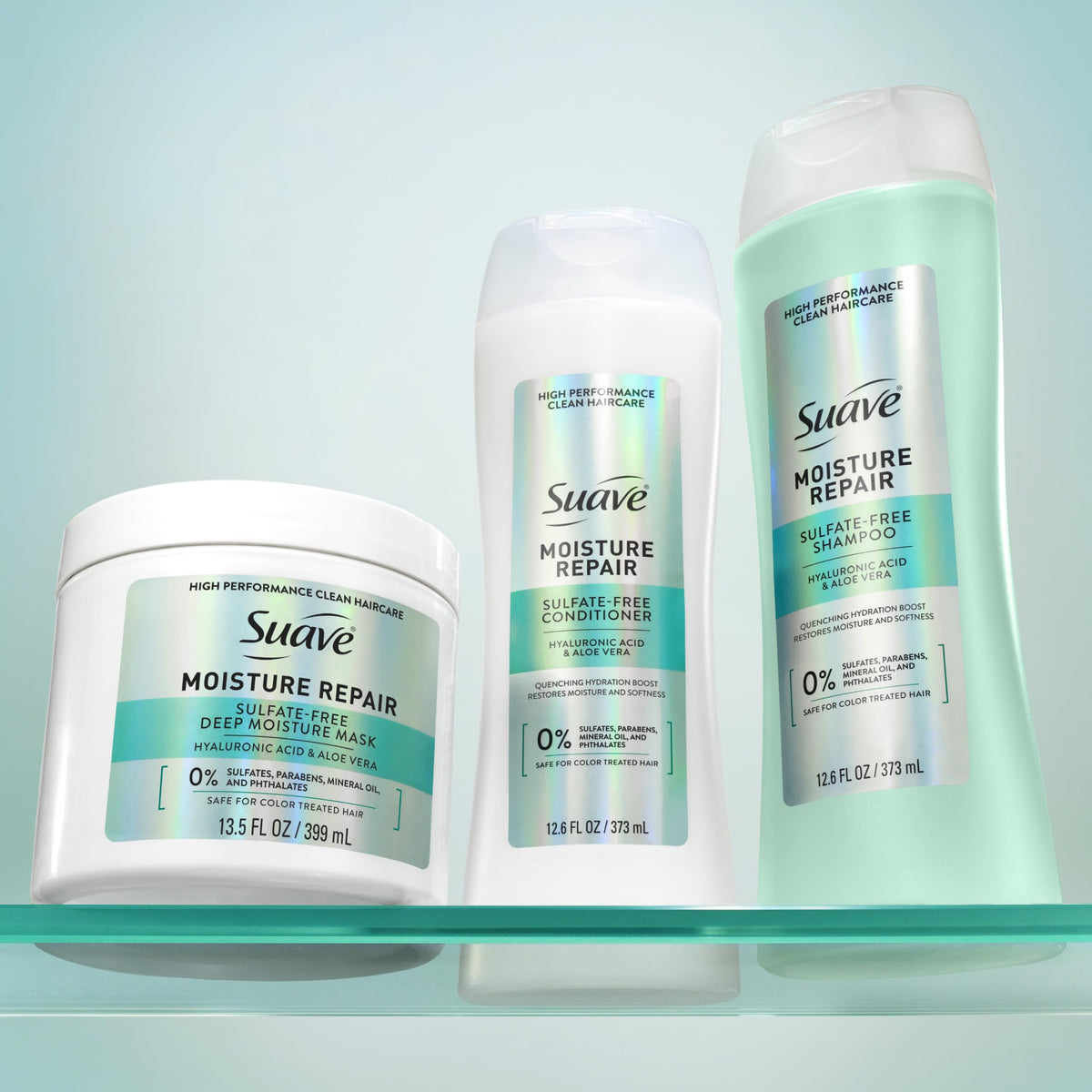 Suave conditioner on bathroom shelf in lifestyle setting for everyday use