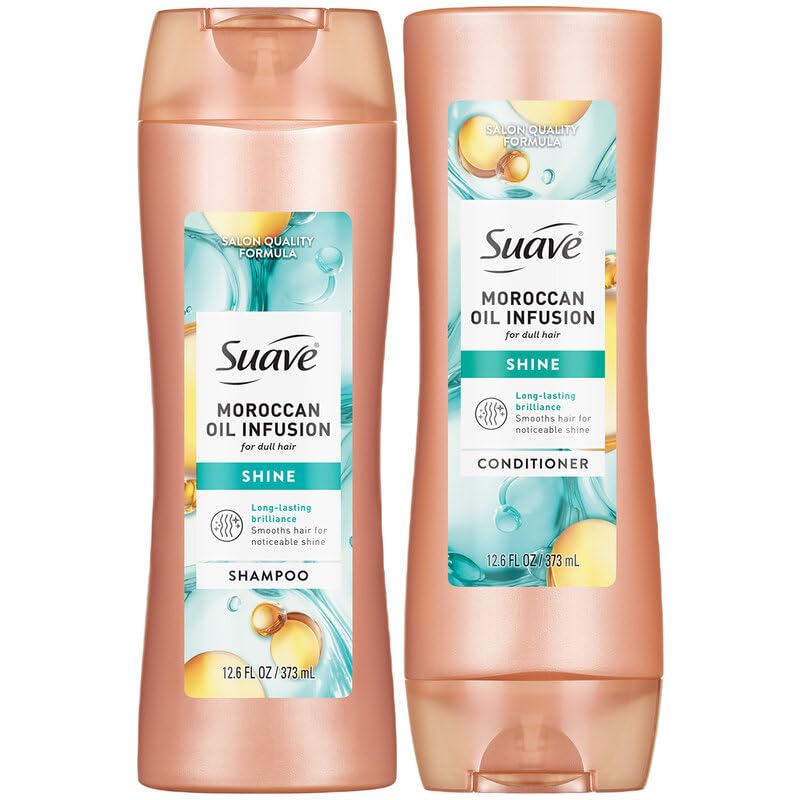 Suave Moroccan Oil infusion duo front packaging shows glossy finish benefits