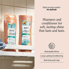 Suave bottles side labels visible highlight argan oil and shine benefits
