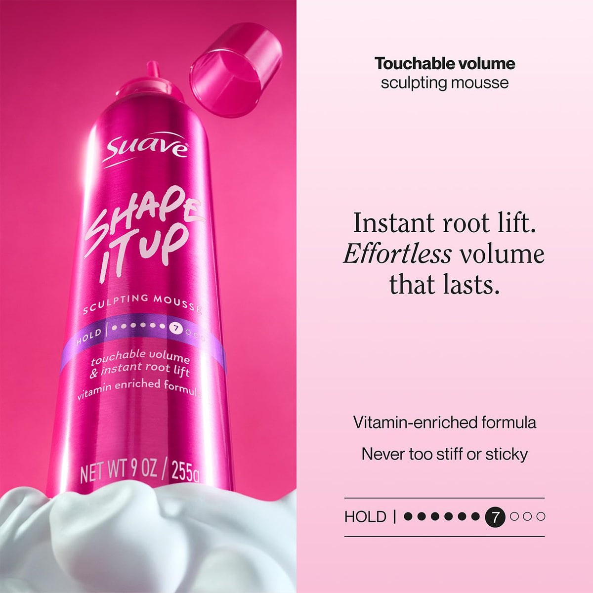 Suave spray nozzle detail highlighting easy dispensing and controlled amount