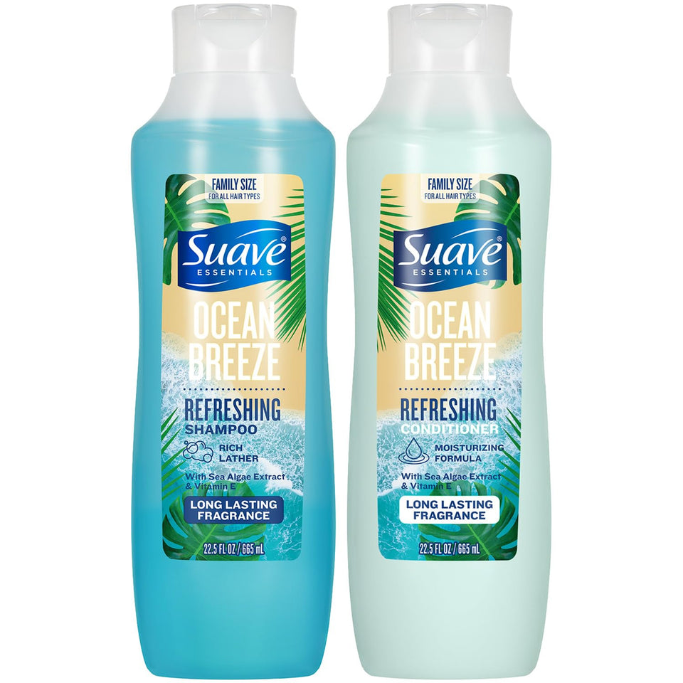 Suave Ocean Breeze front packaging showing two 22.5 oz bottles and label benefit