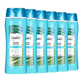 Suave front packaging showing bottle and ocean breeze scent, promotes refreshing clean