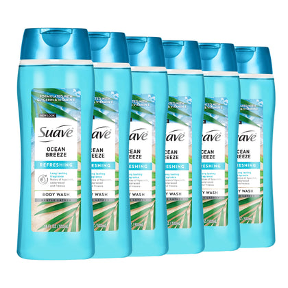Suave front packaging showing bottle and ocean breeze scent, promotes refreshing clean