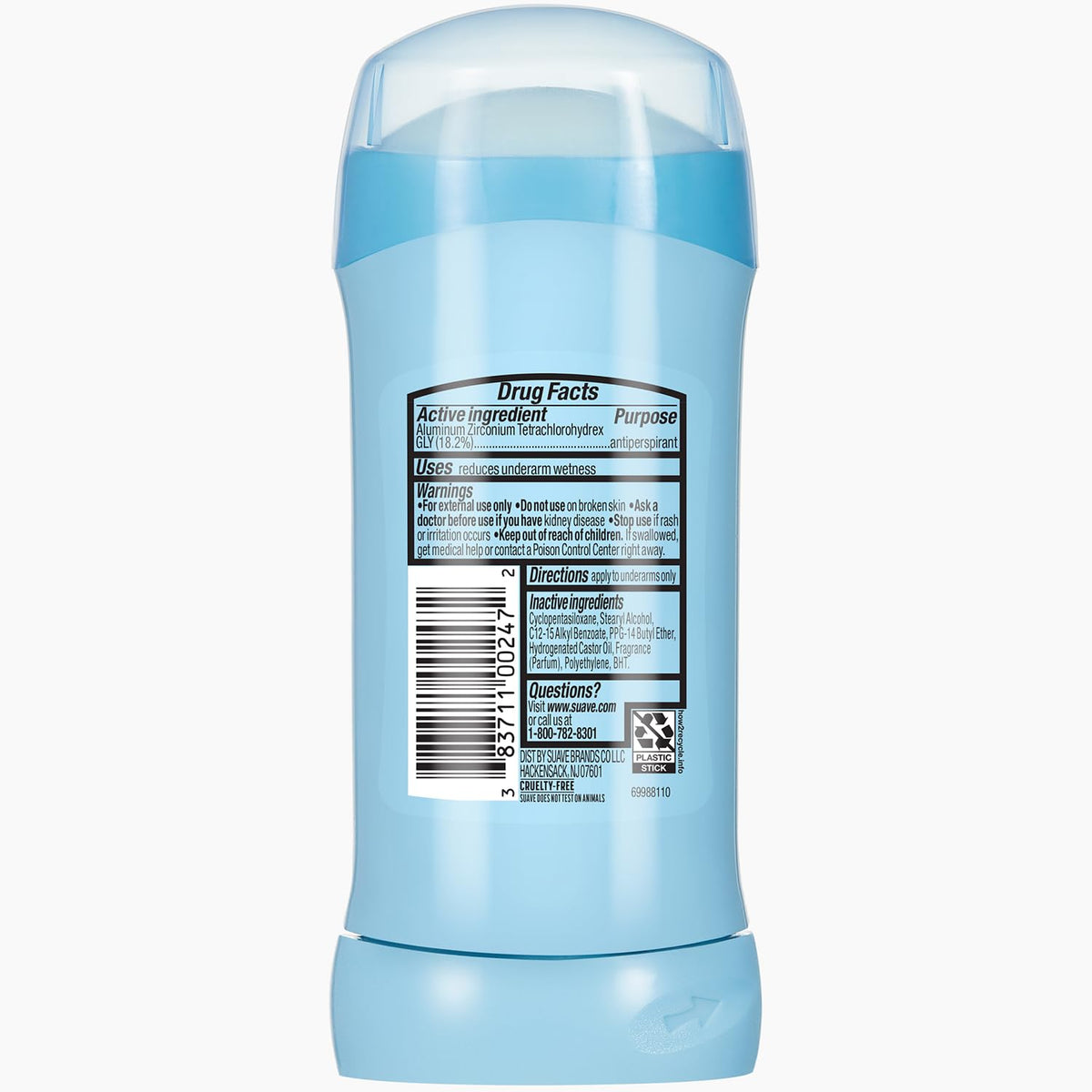 Suave packaging back details showing usage instructions and product info benefit