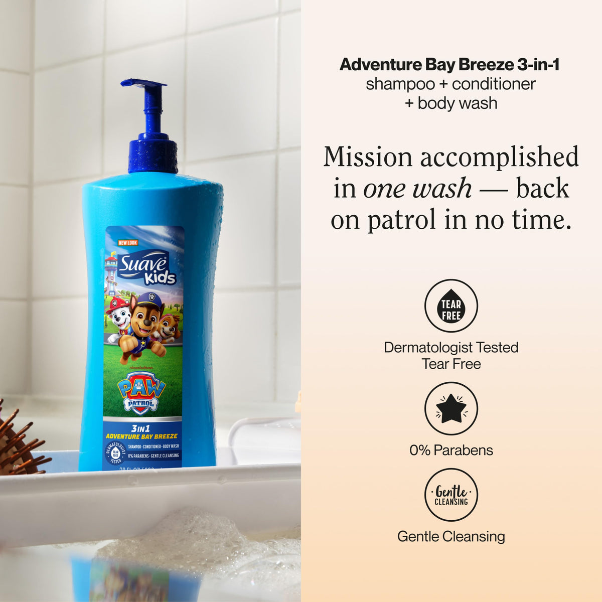 Suave Paw Patrol pump dispenser ready for one-handed use and fast dosing