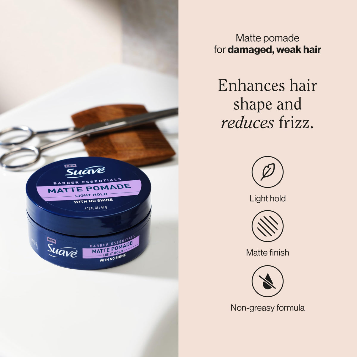 Suave pomade opened to show smooth matte texture for easy spreading