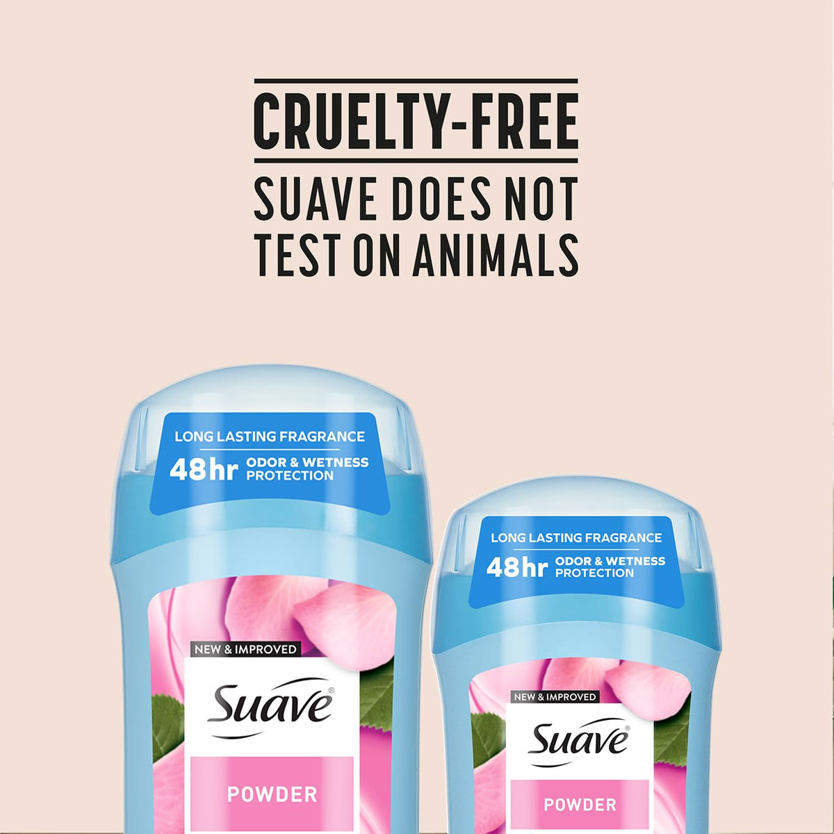 Suave Powder label closeup showing ingredients and cruelty-free badge