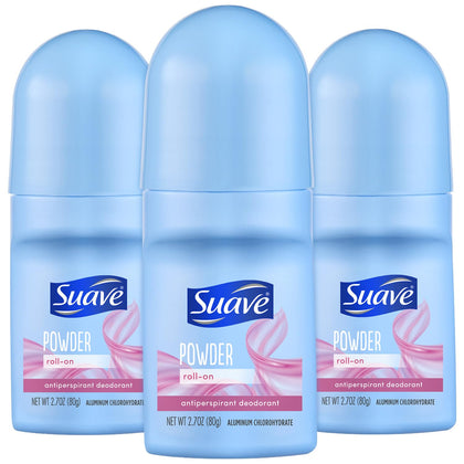 Suave roll-on front packaging showing powder fresh fragrance and brand benefit