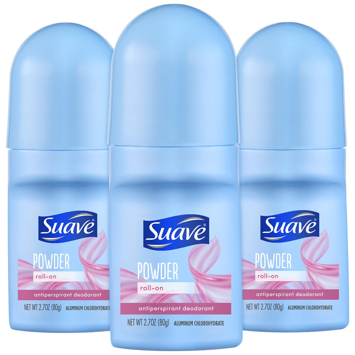 Suave roll-on front packaging showing powder fresh fragrance and brand benefit