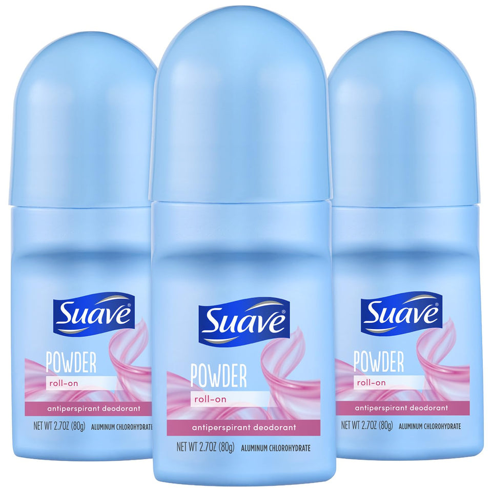 Suave roll-on front packaging showing powder fresh fragrance and brand benefit