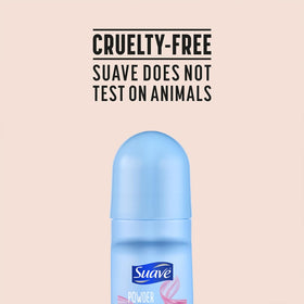 Suave roll-on held in hand to show compact travel-friendly size