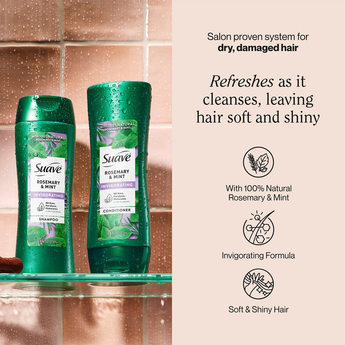 Close-up of Suave label displaying rosemary and mint ingredients and details