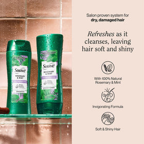Close-up of Suave label displaying rosemary and mint ingredients and details