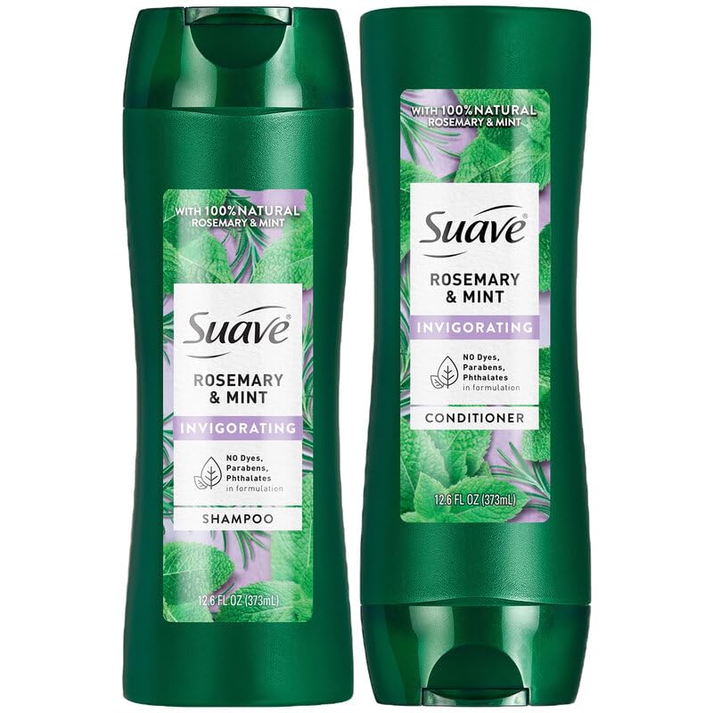 Suave rosemary and mint front packaging showing 12.6 oz bottles and benefits