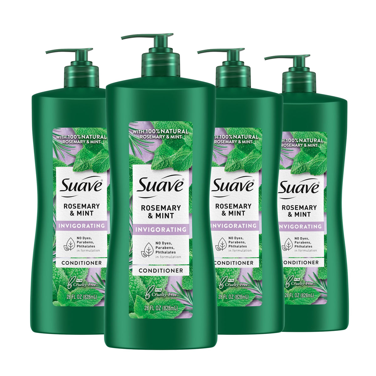 Suave bottle front packaging showing rosemary and mint and brand benefit