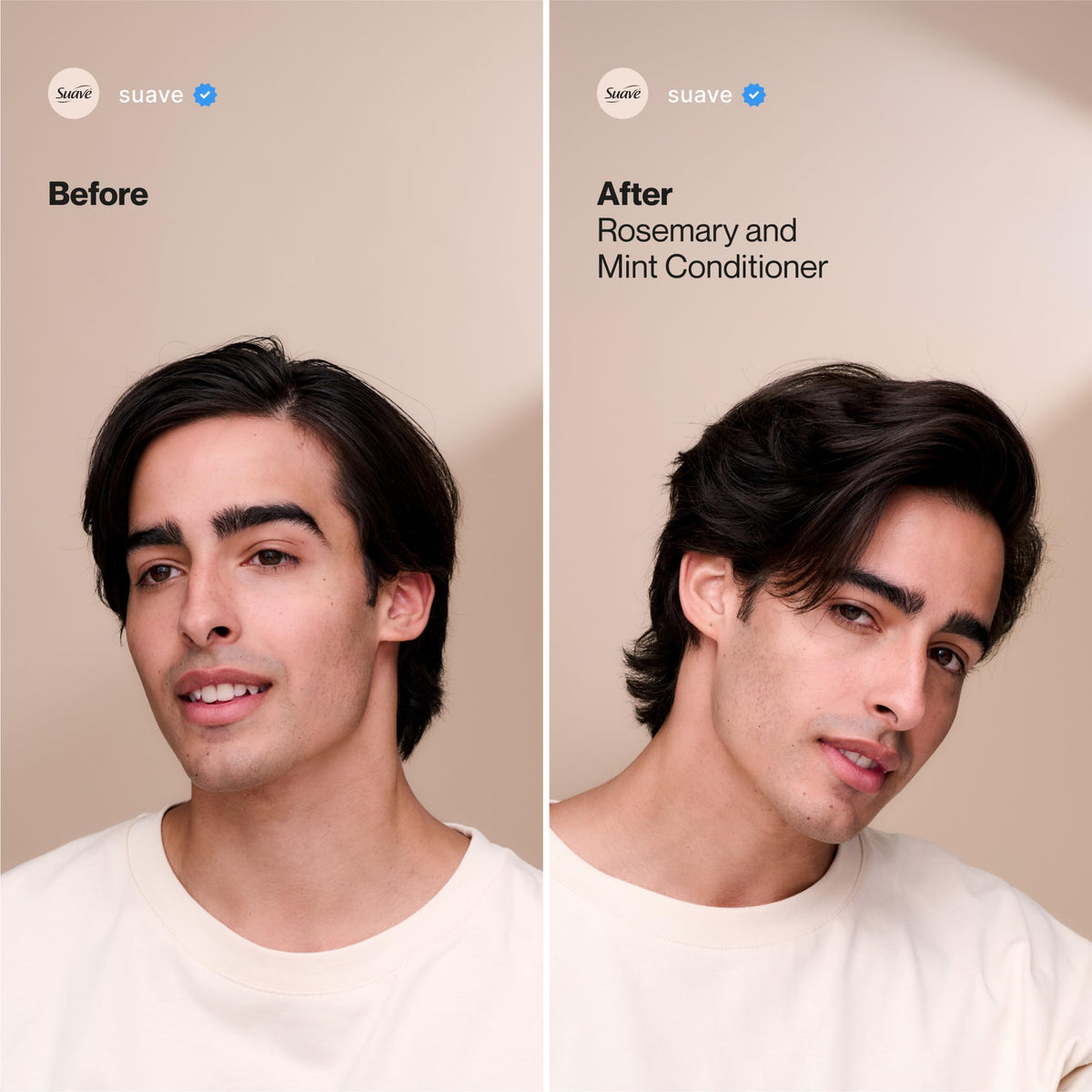 Person applying Suave conditioner in shower for detangling and softness benefit