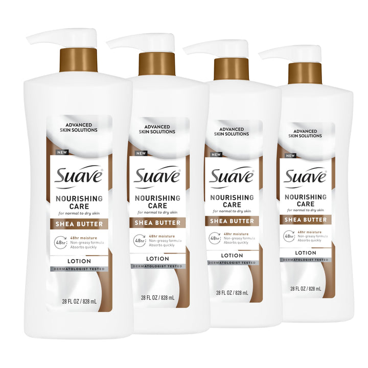 Suave bottle front view showing shea butter lotion and moisturizing benefit