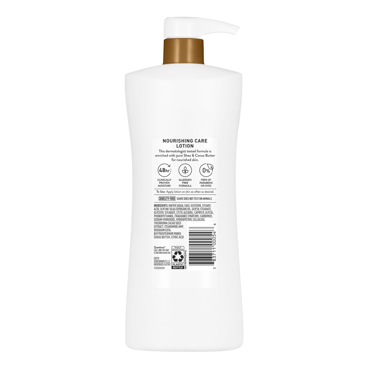 Suave ingredient label close-up highlighting shea butter and allergen-free formula