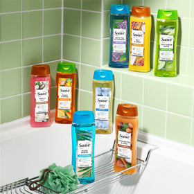 Suave being used in shower showing texture and smooth rinse-off benefit