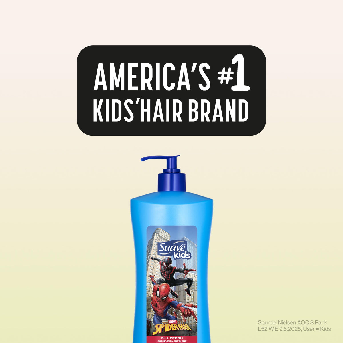 Suave kids Spider-Man bottle next to common items showing 28 oz family size