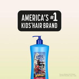 Suave kids Spider-Man bottle next to common items showing 28 oz family size