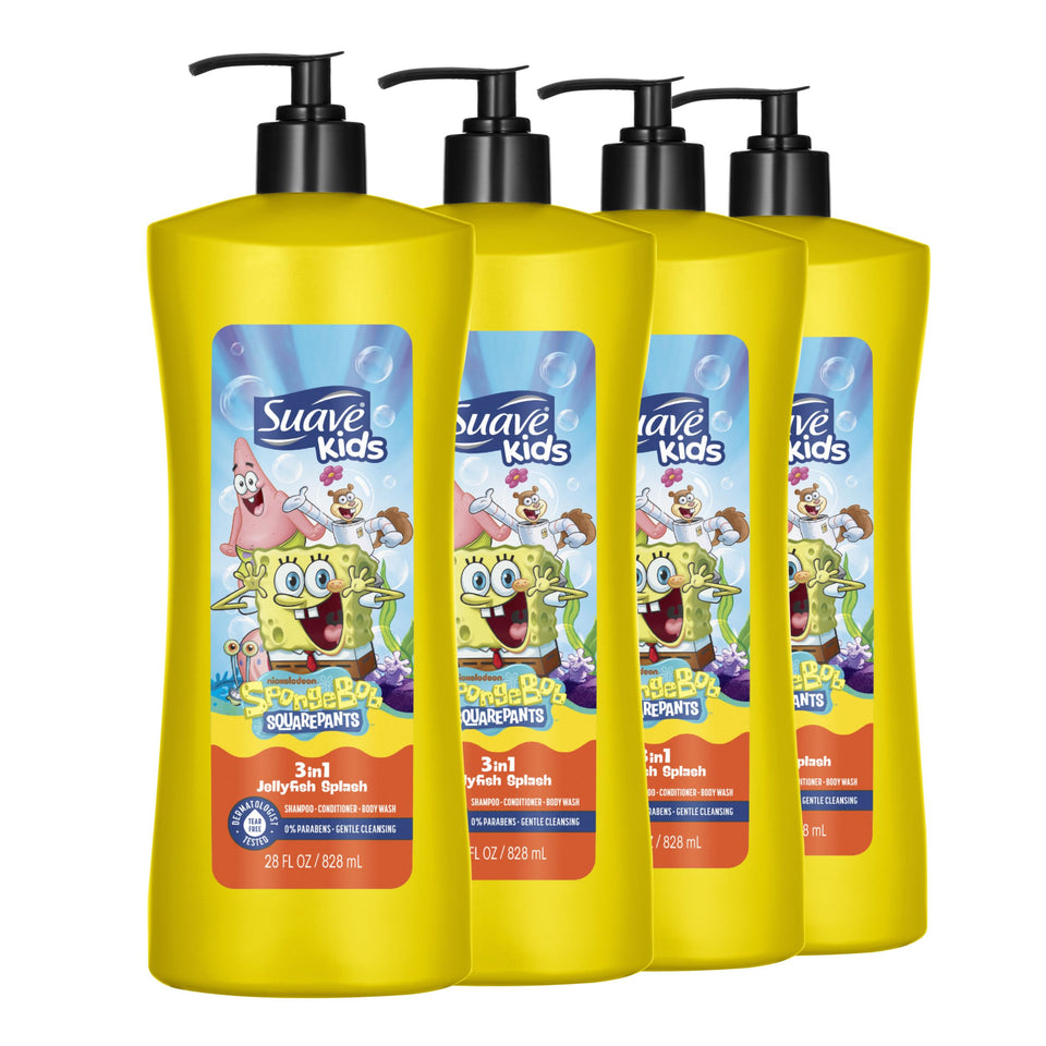 Suave Kids SpongeBob front pump bottle showing label and easy dispensing benefit