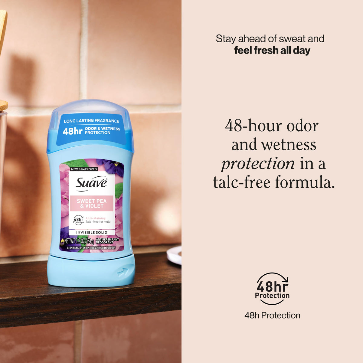 Suave antiperspirant stick with cap off ready to apply, promoting easy, mess-free use