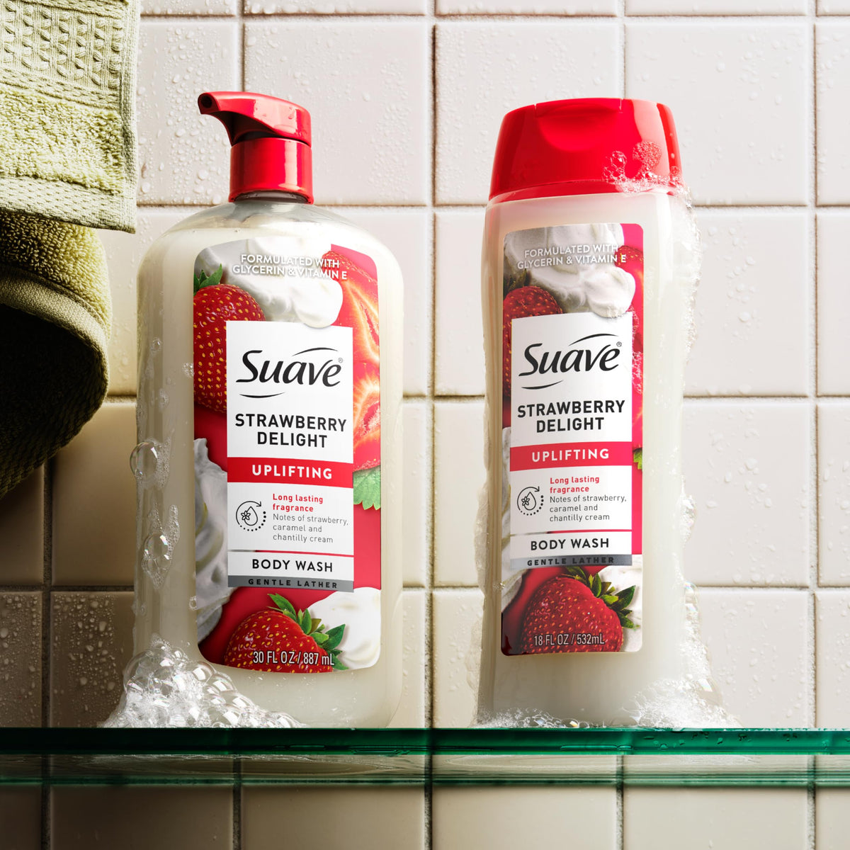 Suave bottle in a bright bathroom setting conveying an uplifting shower ritual benefit