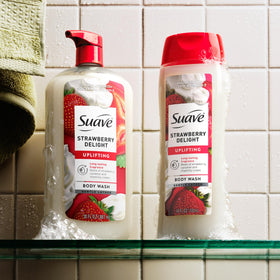 Suave bottle in a bright bathroom setting conveying an uplifting shower ritual benefit