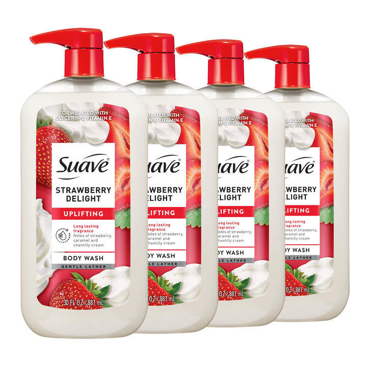 Suave front packaging showing label and berry scent, offering uplifting shower benefit