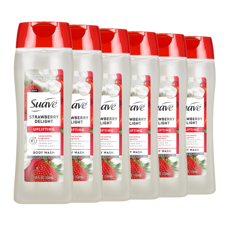 Suave strawberry delight front packaging showing bottle and branding, evokes freshness