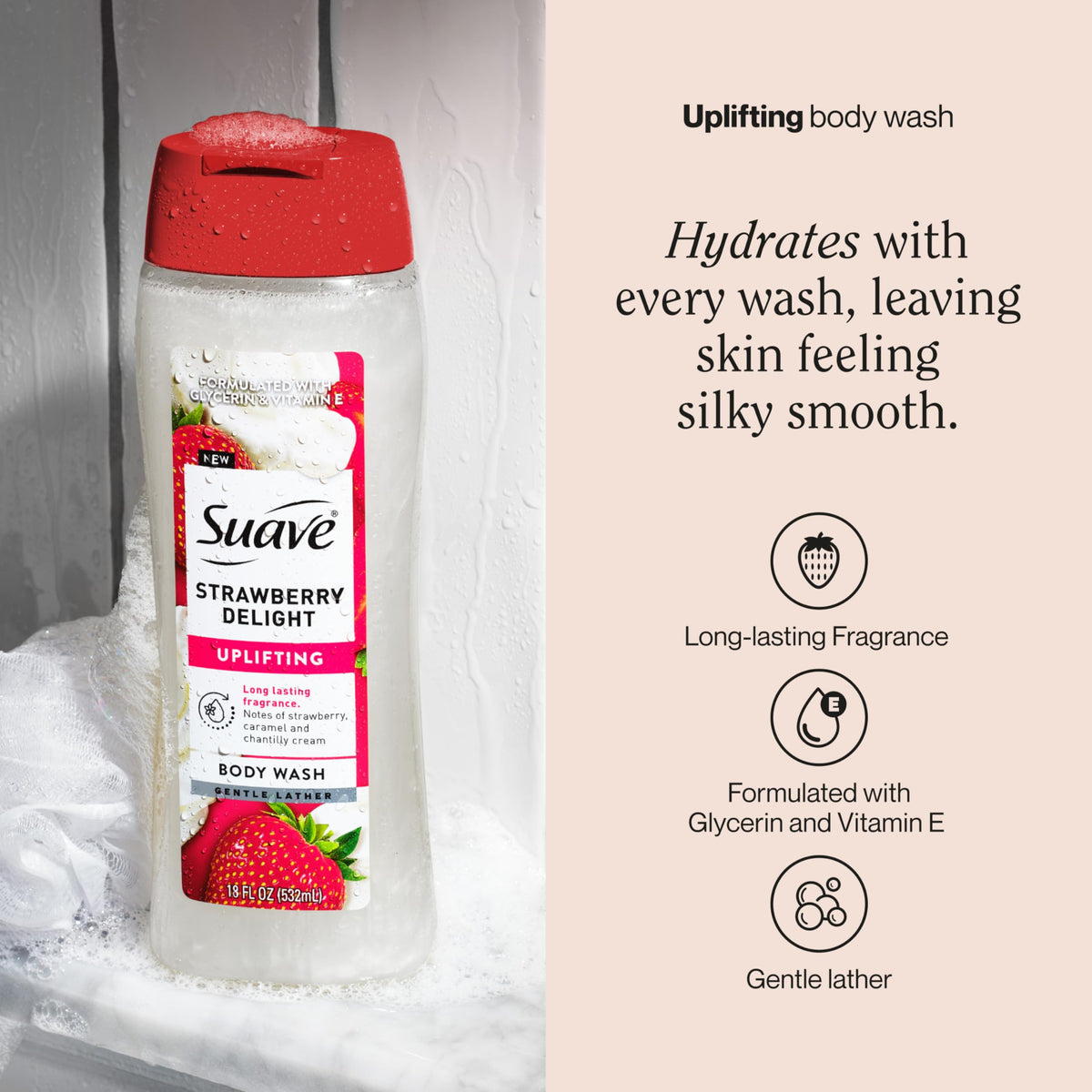 Suave strawberry delight pouring into palm and lathering for easy cleansing benefit