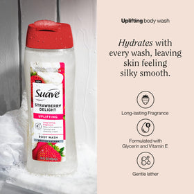 Suave strawberry delight pouring into palm and lathering for easy cleansing benefit