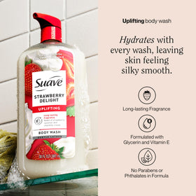 Suave pump dispensing body wash into palm for easy, no-mess shower use benefit