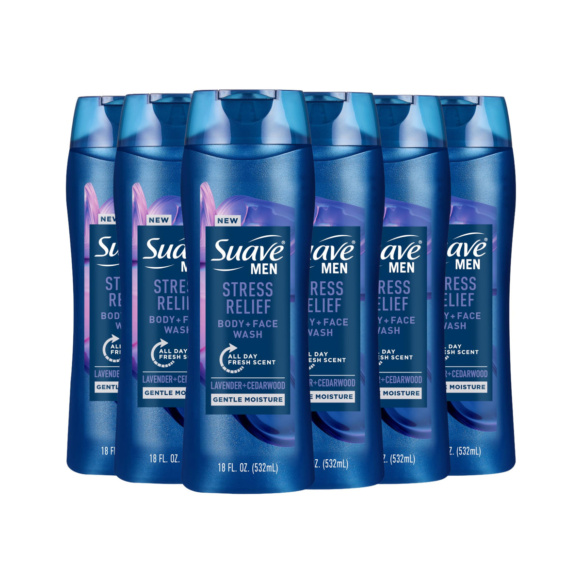 Suave bottle front view showing calming lavender and cedarwood scent benefit