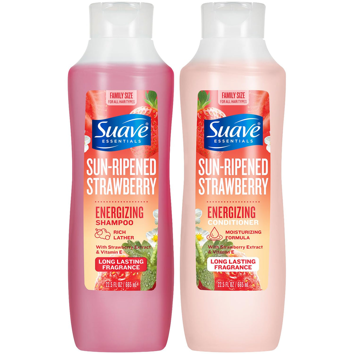 Suave front packaging showing shampoo and conditioner, fresh look and value