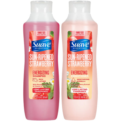 Suave front packaging showing shampoo and conditioner, fresh look and value