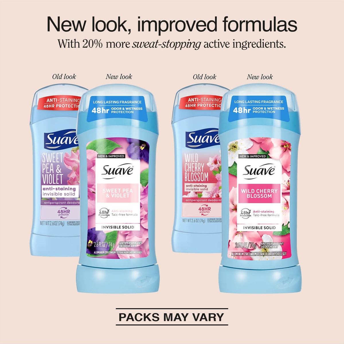 Suave Sweet Pea & Violet front packaging illustrating gentle fragrance benefit