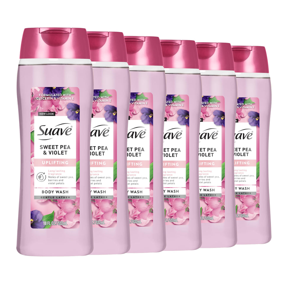 Suave bottle front packaging showing Sweet Pea Violet and hydrating benefit