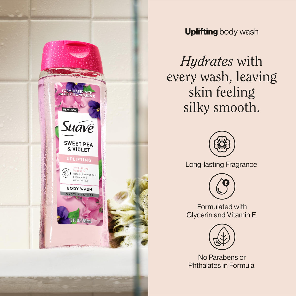 Suave label and pump close-up highlighting product details and easy dispensing