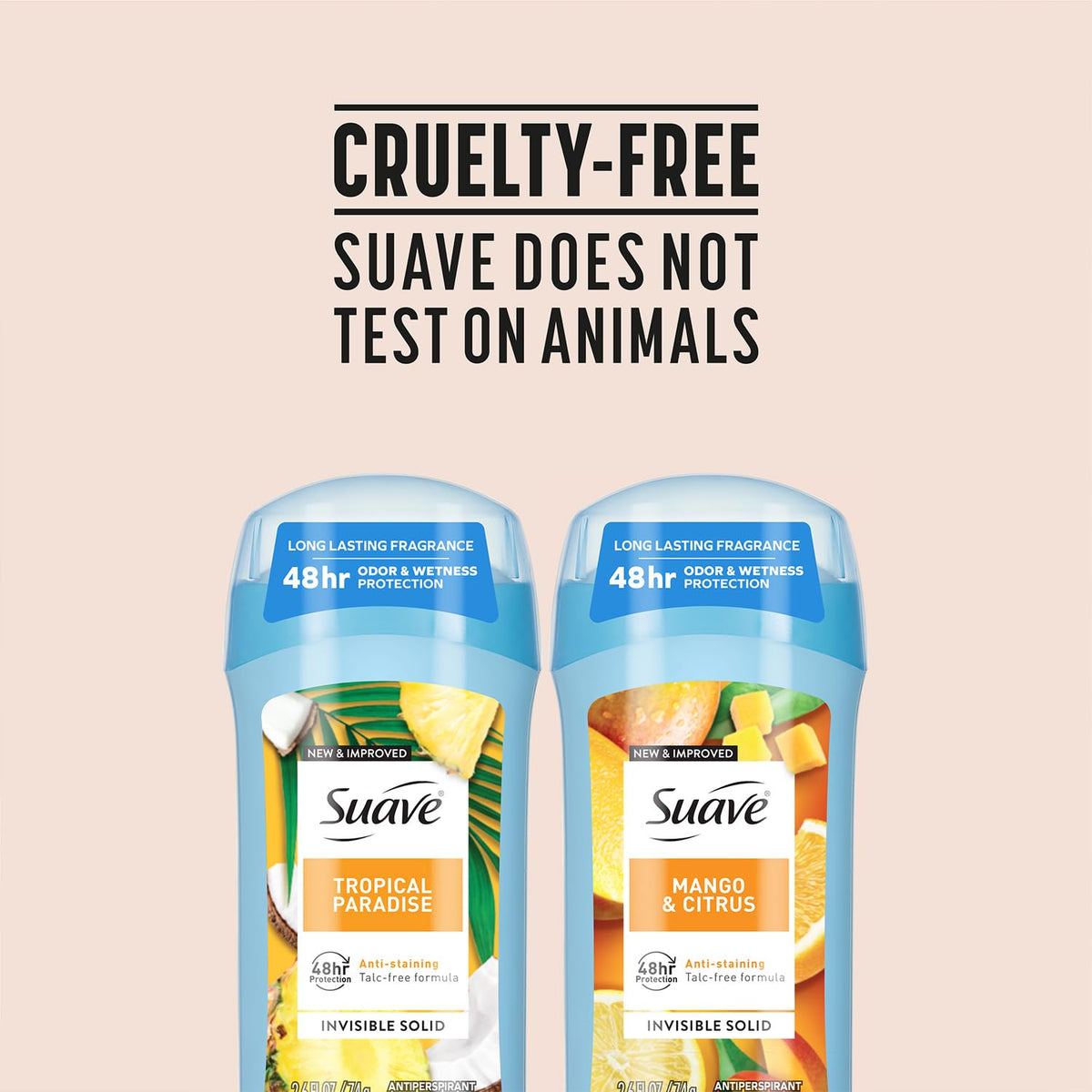 Two Suave sticks side by side to compare Tropical Paradise and Mango Citrus scents