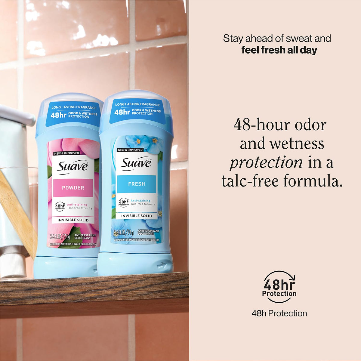 Suave two sticks side-by-side demonstrating scent variety and portability