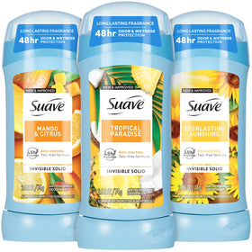 Suave variety pack front packaging showing three sticks and benefit of long-lasting protection